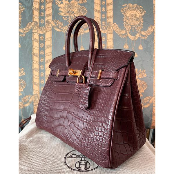 エルメス バーキン25 アリゲーターマットコピー ボルドー x ゴールド金具